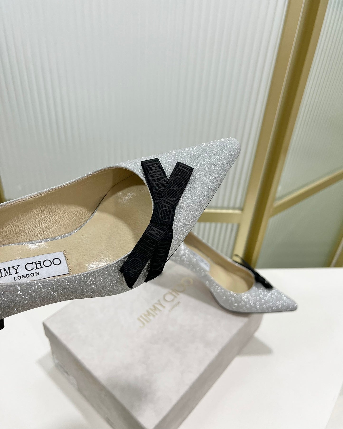 JC傑米-2023新款 印花織帶尖頭高跟鞋 6CM 銀色