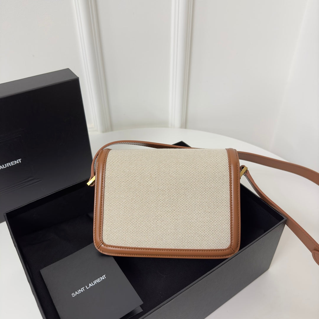 熱銷款 聖Y羅-BOX SAINT LAURENT 豆腐包 小號 棉麻米色