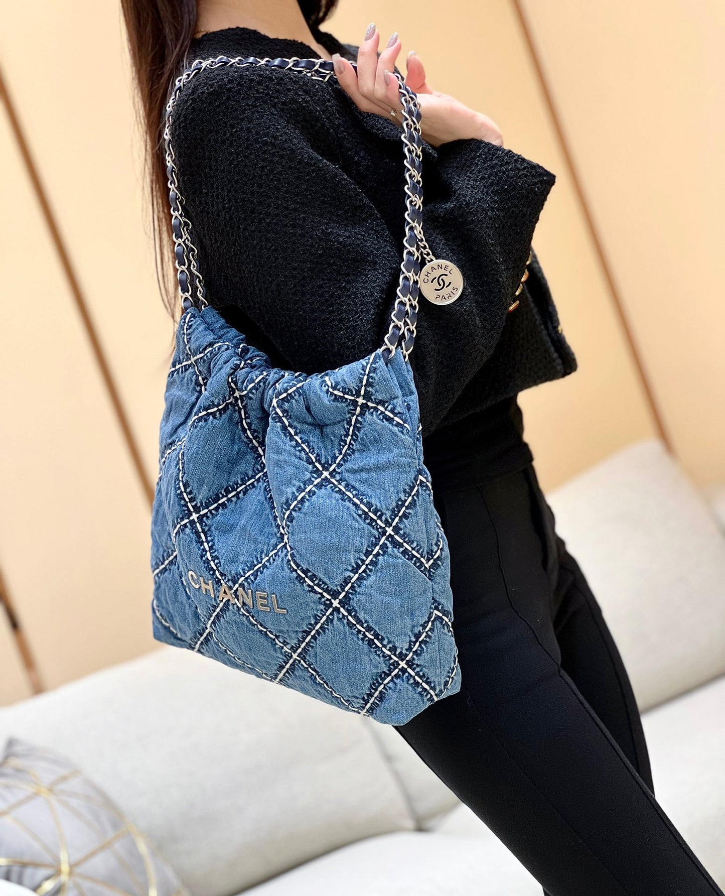 小香家-春夏新款 Chanel 22號手袋 菱格紋縫線牛仔布