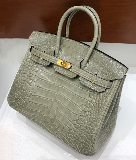 小愛款-Birkin 25 美洲方塊鱷魚 斑鳩灰 金扣