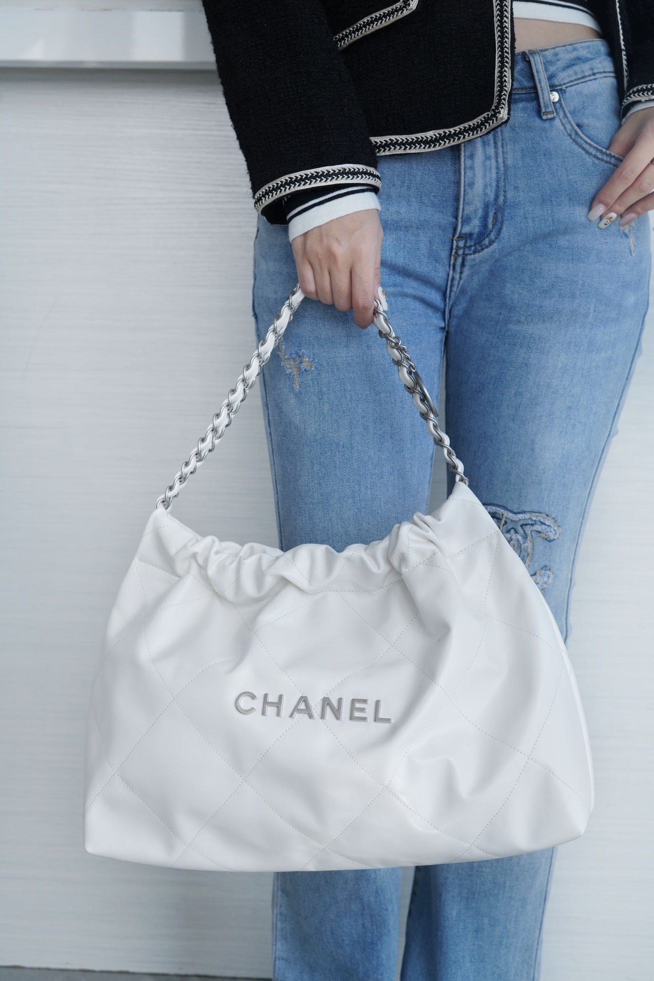 小香家-Chanel 22號手袋 橫版 白銀色