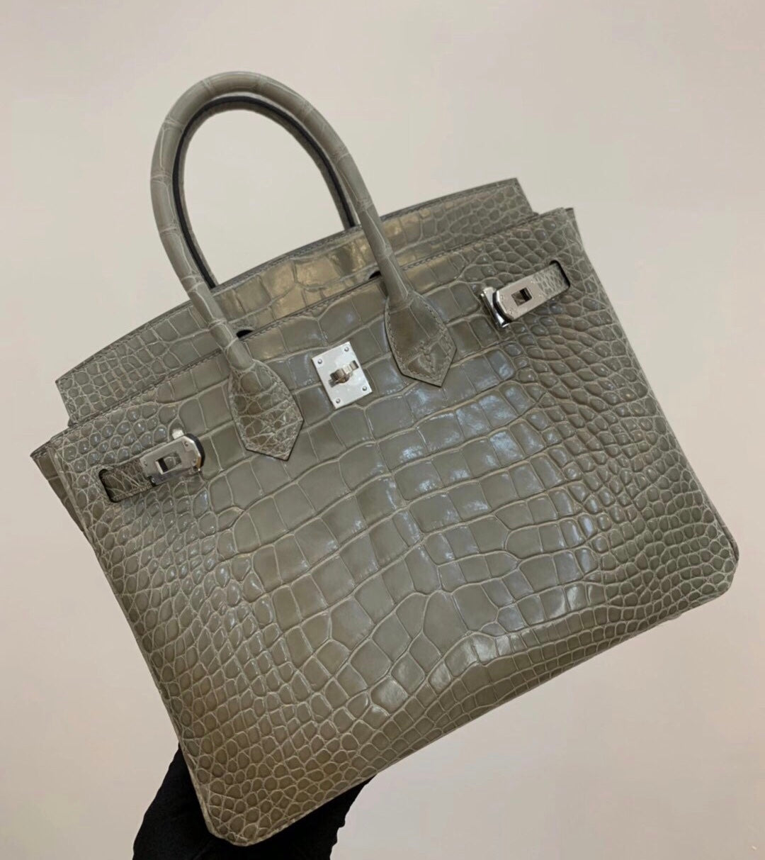 小愛款-Birkin 81 亮面鱷斑鳩灰 銀扣