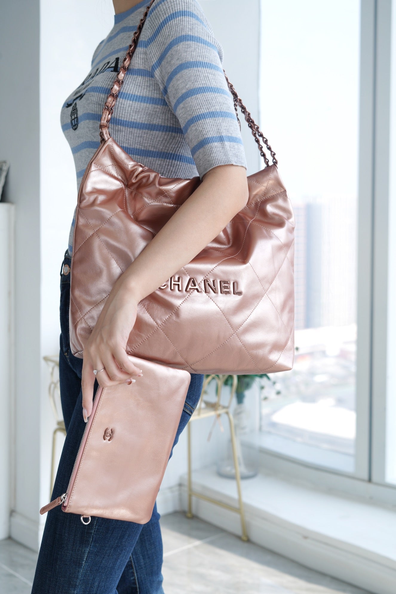 小香家-Chanel 22號手袋 玫瑰金背帶 雙鍊條