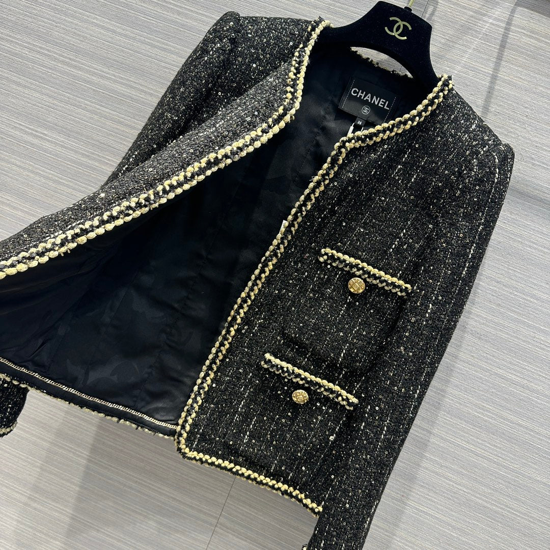 小香家-2403 滿天星重工金屬感雙色手工編織帶黑金外套