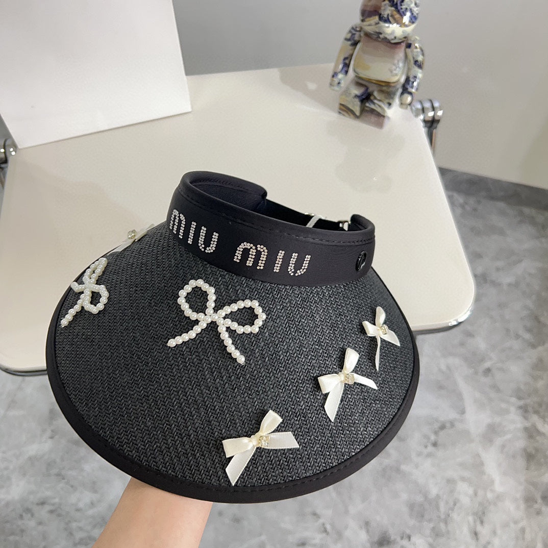 穆M家-2024夏季新款珍珠蝴蝶結遮陽帽 黑色