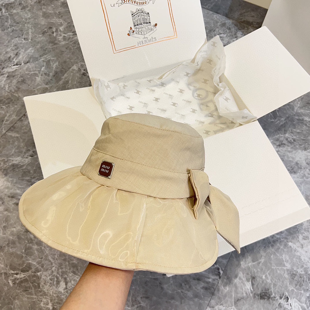 穆M家-2024新款絲質蝴蝶結遮陽帽 杏色