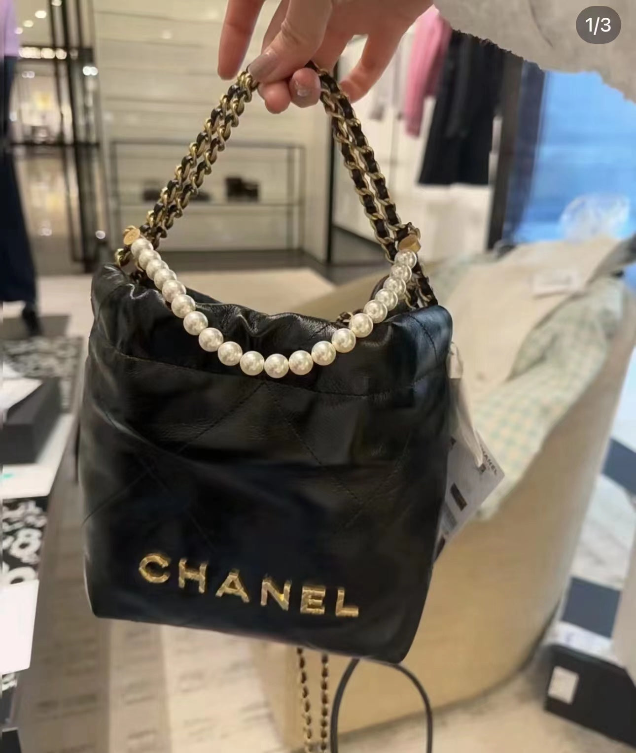 小香家-Chanel 22號手袋 黑色 雙鍊條 珍珠鍊