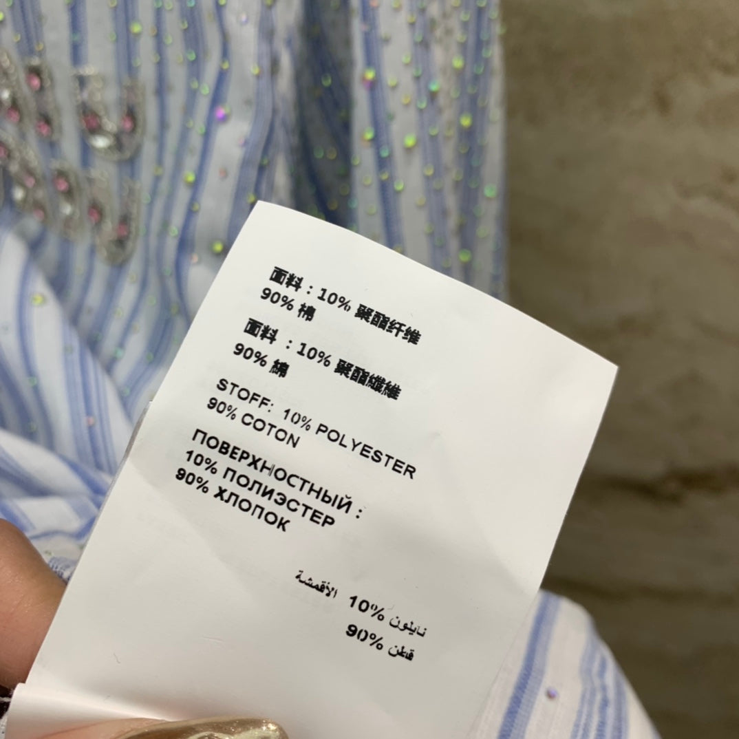 穆M家-2404 滿天星燙鑽釘珠字母條紋長袖襯衫 藍色
