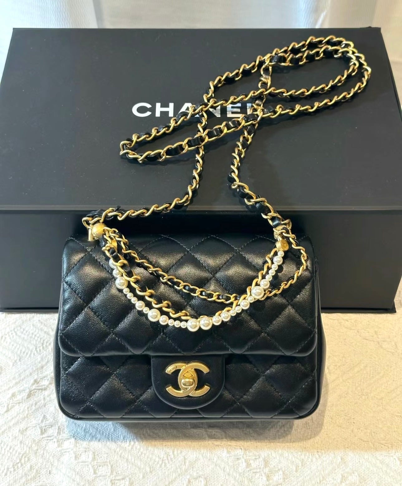 小香家-Chanel 珍珠鍊方胖子 肩背包/手提包 黑色