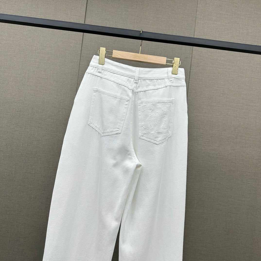小香家-2403 春夏logo高腰闊腿牛仔褲 白色