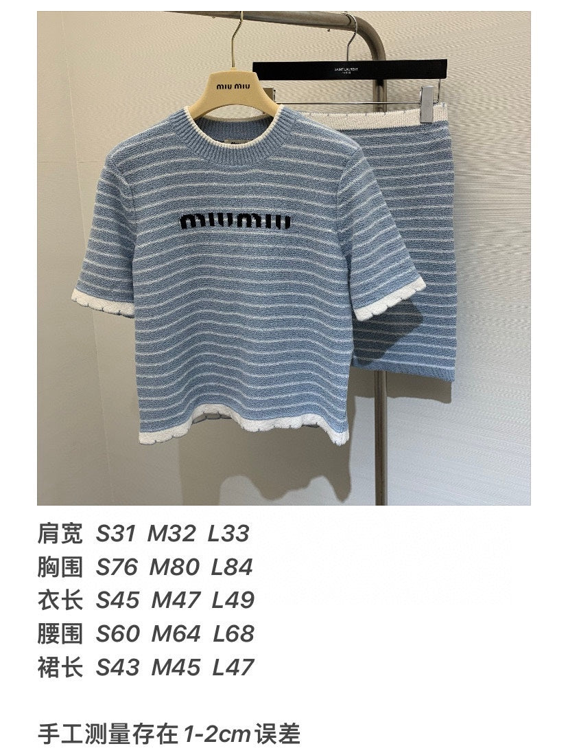 穆M家-2404 春夏新款 條紋針織套裝 藍色