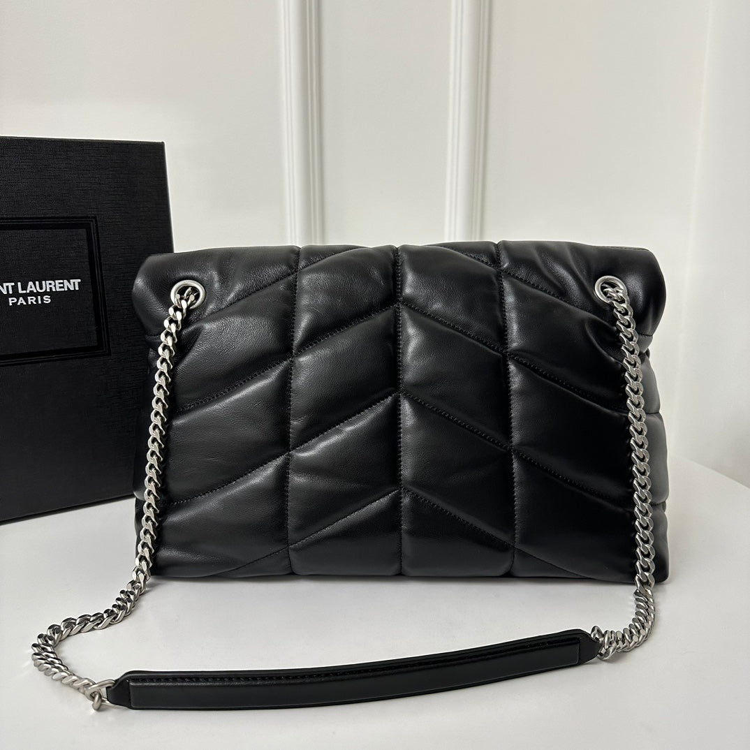 聖Y羅-Loulou Puffer 35cm 絎縫小羊皮雲朵包 黑色銀扣