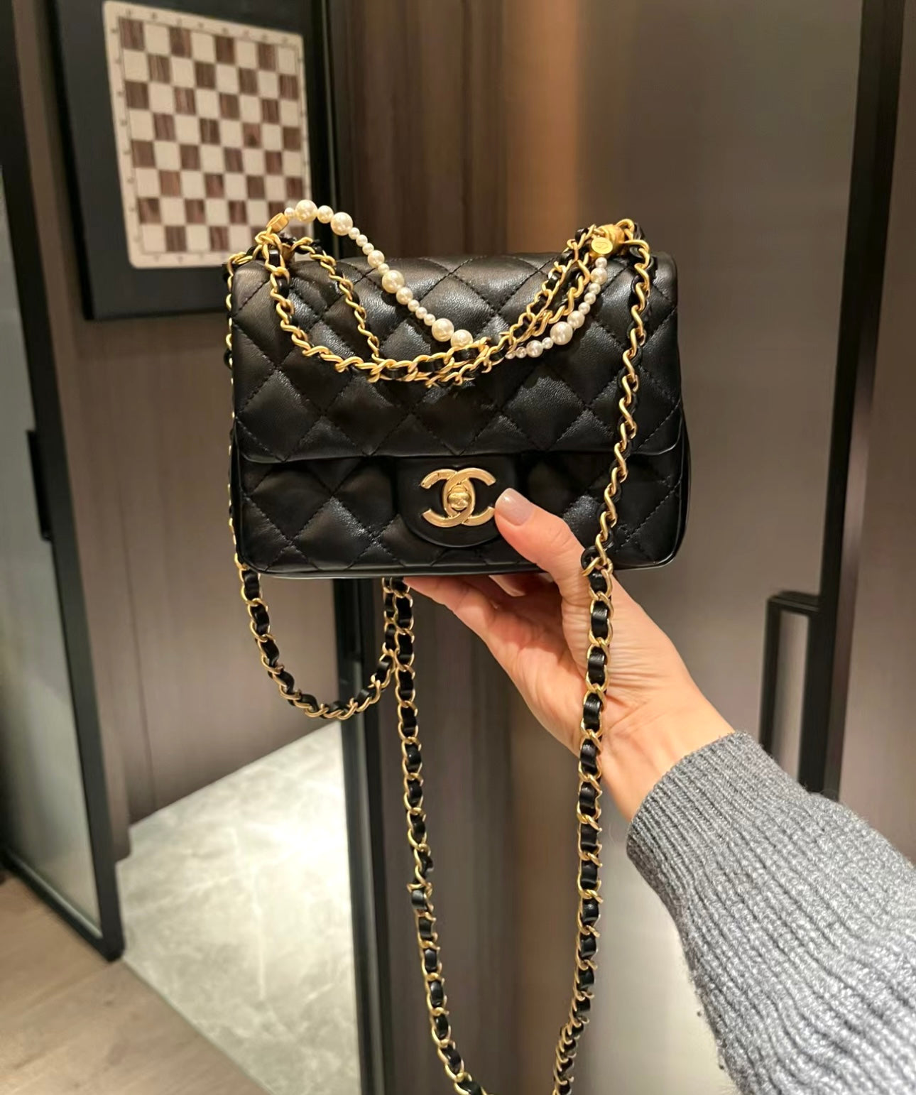 小香家-Chanel 珍珠鍊方胖子 肩背包/手提包 黑色