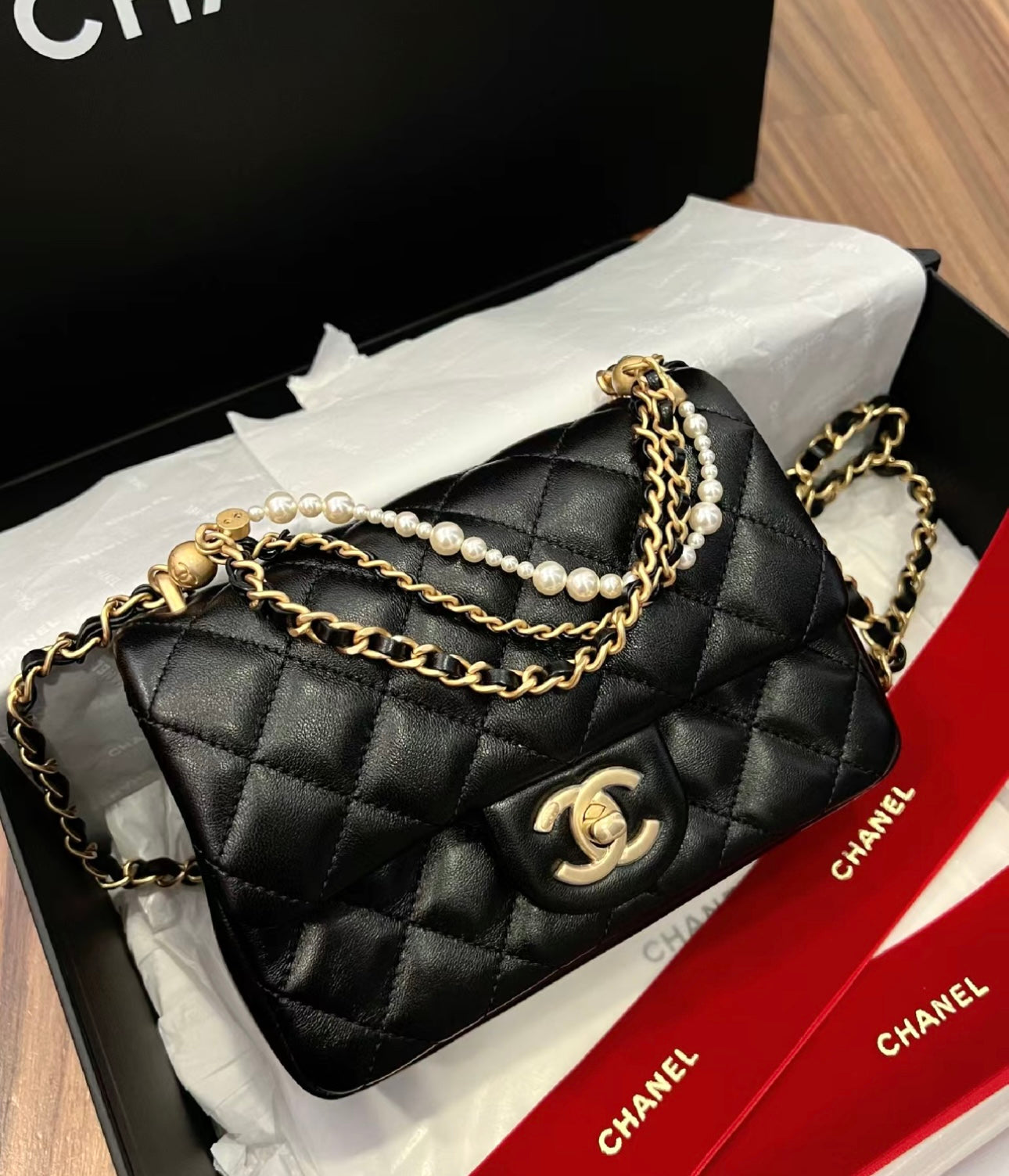 小香家-Chanel 珍珠鍊方胖子 肩背包/手提包 黑色