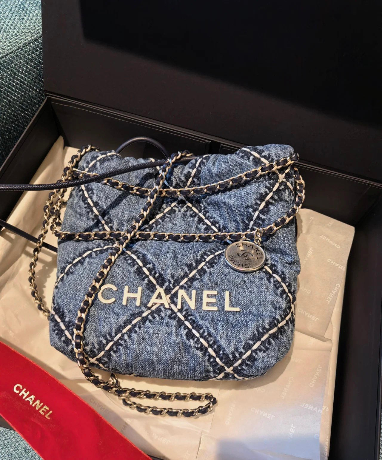 小香家-春夏新款 Chanel 22號手袋 菱格紋縫線牛仔布 小號