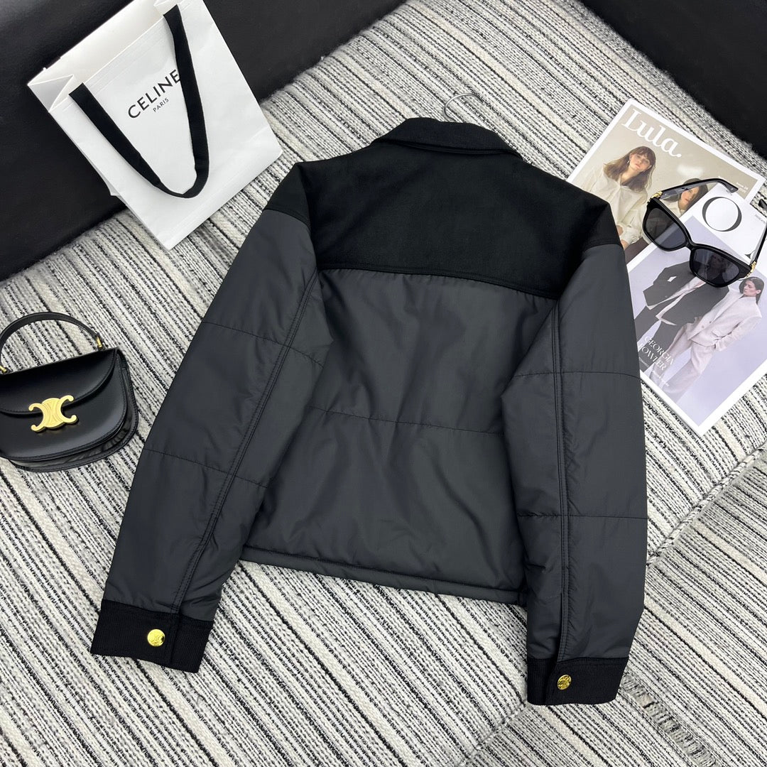 賽C家-2403 拼接黑色燈芯絨棉服外套