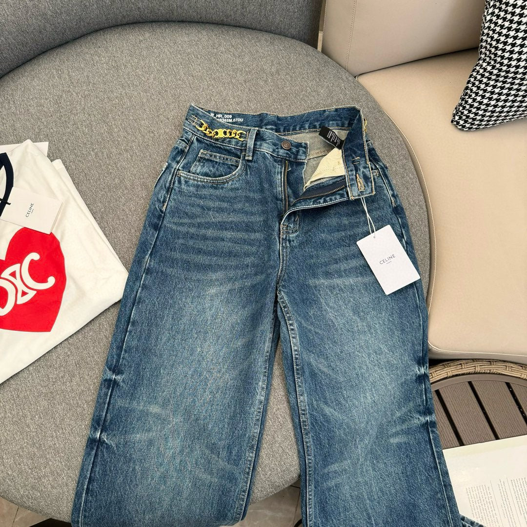 賽C家-2403 24春夏新款凱旋門金屬鏈扣高腰直筒牛仔褲