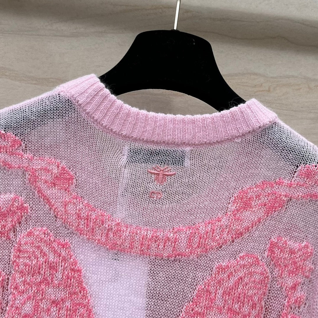 迪D家-2403 24早春新品重工蝴蝶花卉刺繡羊絨針織短袖上衣 粉色