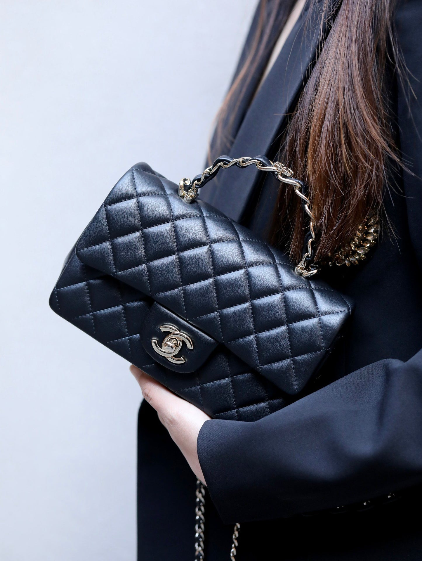 小香家-Chanel CF Mini 經典皮革穿繞雙c Logo 黑色