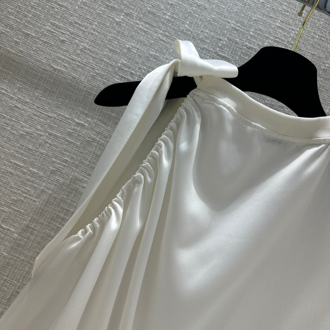 小香家-2404 24s春夏新品蝴蝶結繫帶圓領單袖小上衣 白色