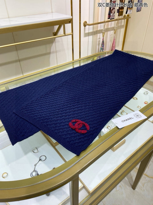 小香家-2024 雙C菱格針織長巾 30*160 藍色