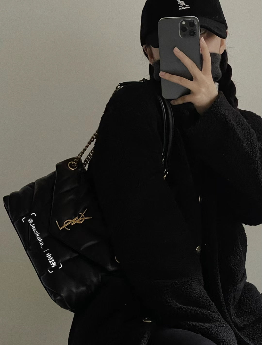 聖Y羅-Loulou Puffer 29cm 絎縫小羊皮雲朵包 黑色金扣