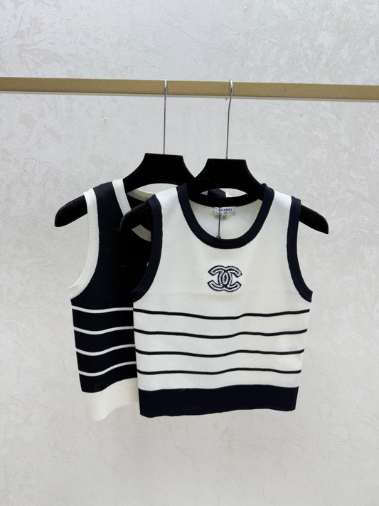 小香家-條紋撞色圓領背心 白色