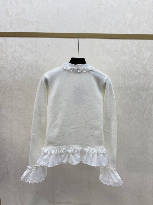 小香家-蕾絲花邊釘珠圓領開襟衫 白色
