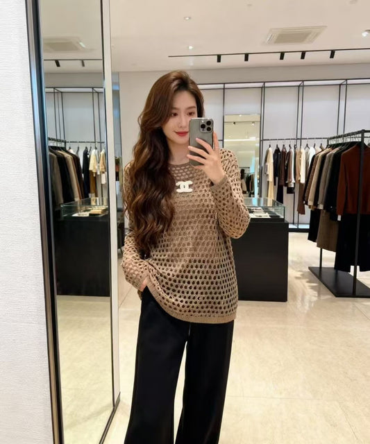 小香家-鏤空針織吊帶兩件套 咖色