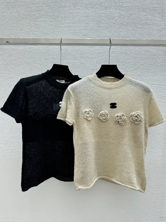 小香家- 春夏新款花針織短袖 黑色
