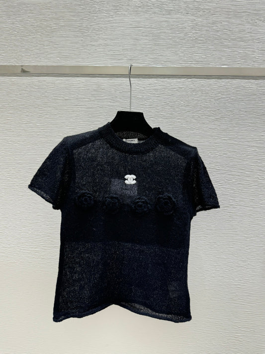 小香家- 春夏新款花針織短袖 黑色