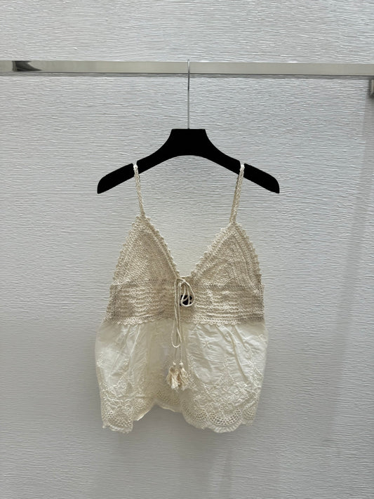 小香家-26早春純色鏤空簡約針織吊帶 杏色