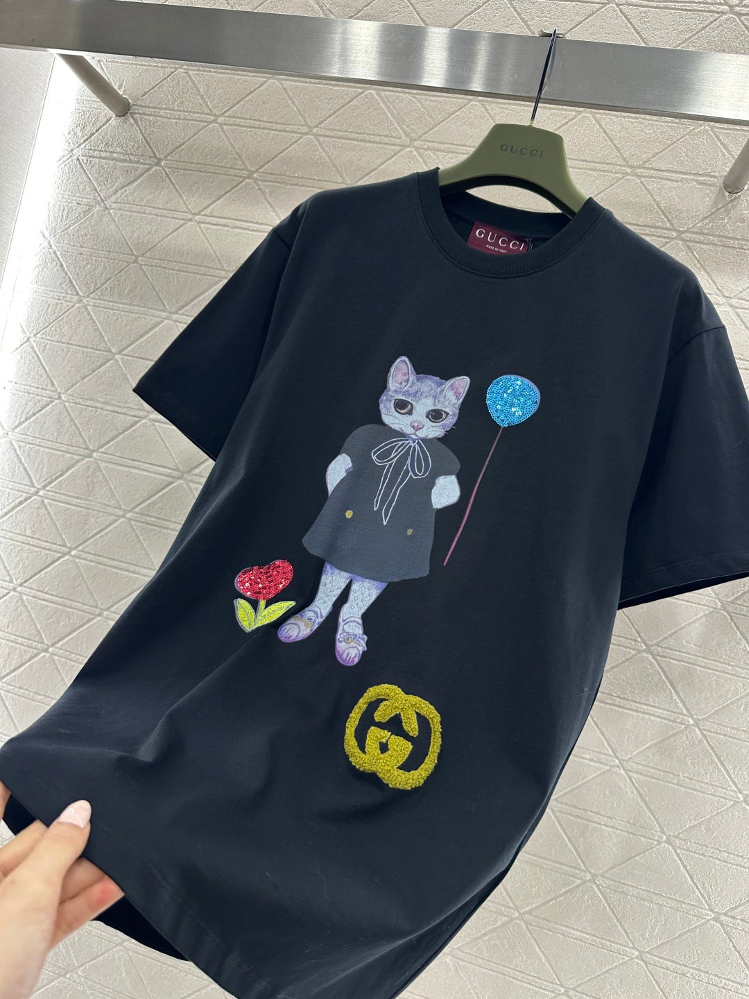古G家-26珠刺繡印花小貓𝑇𝑒𝑒 黑色