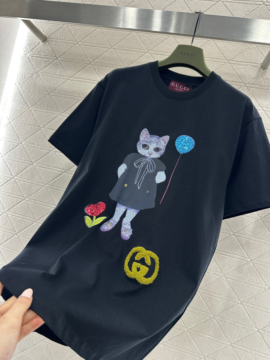 古G家-26珠刺繡印花小貓𝑇𝑒𝑒 黑色