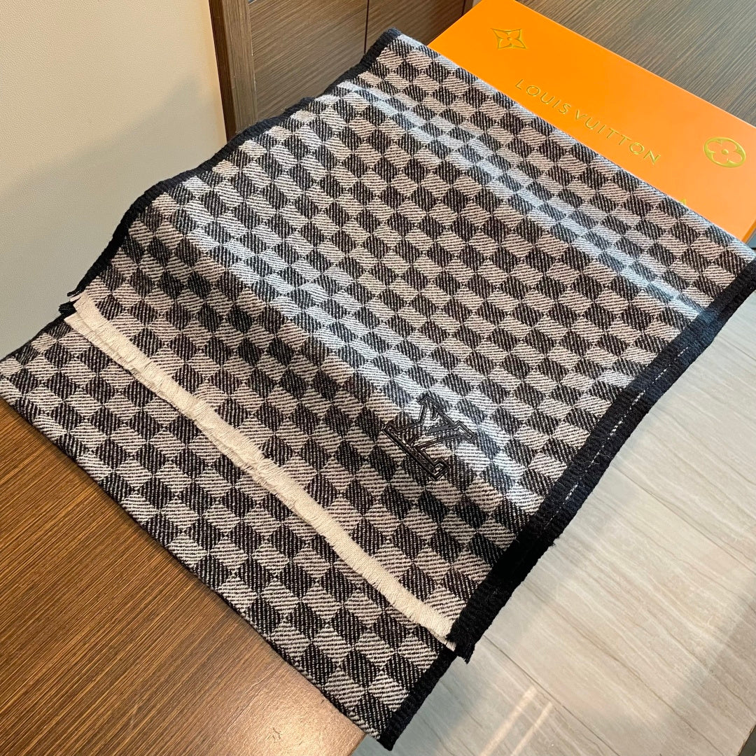 路L家-棋盤格編織工藝 100%羊絨圍巾 35x200cm