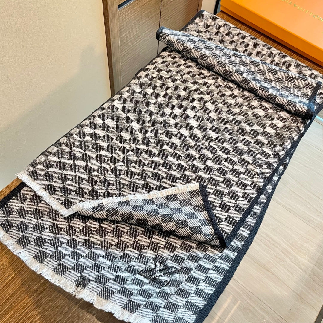 路L家-棋盤格編織工藝 100%羊絨圍巾 35x200cm