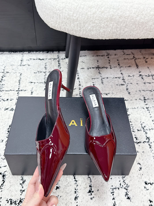 Ala-260707漆皮愛心尖頭高跟半拖 紅色