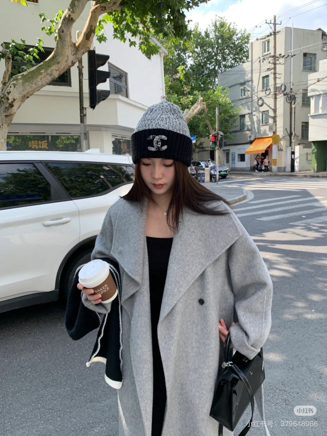 小香家-毛線帽-黑灰拼接