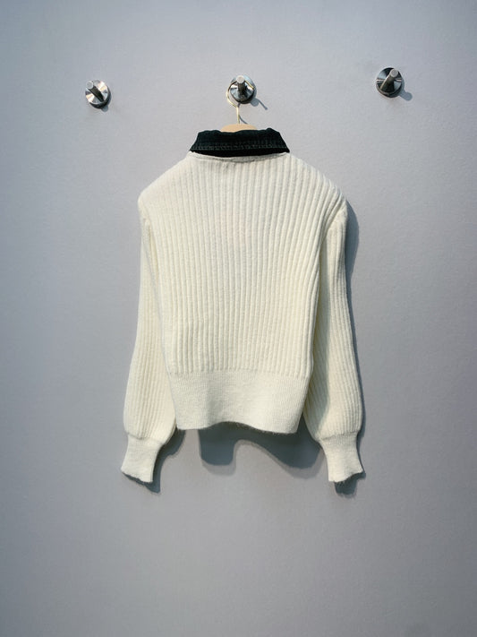 穆M家-牛仔拼接翻領刺繡字母上衣 白色