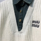 穆M家-牛仔拼接翻領刺繡字母上衣 白色