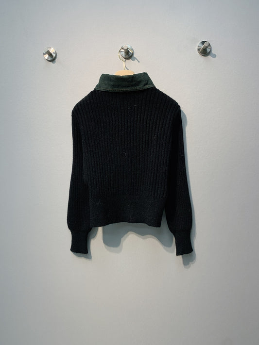 穆M家-牛仔拼接翻領刺繡字母上衣 黑色