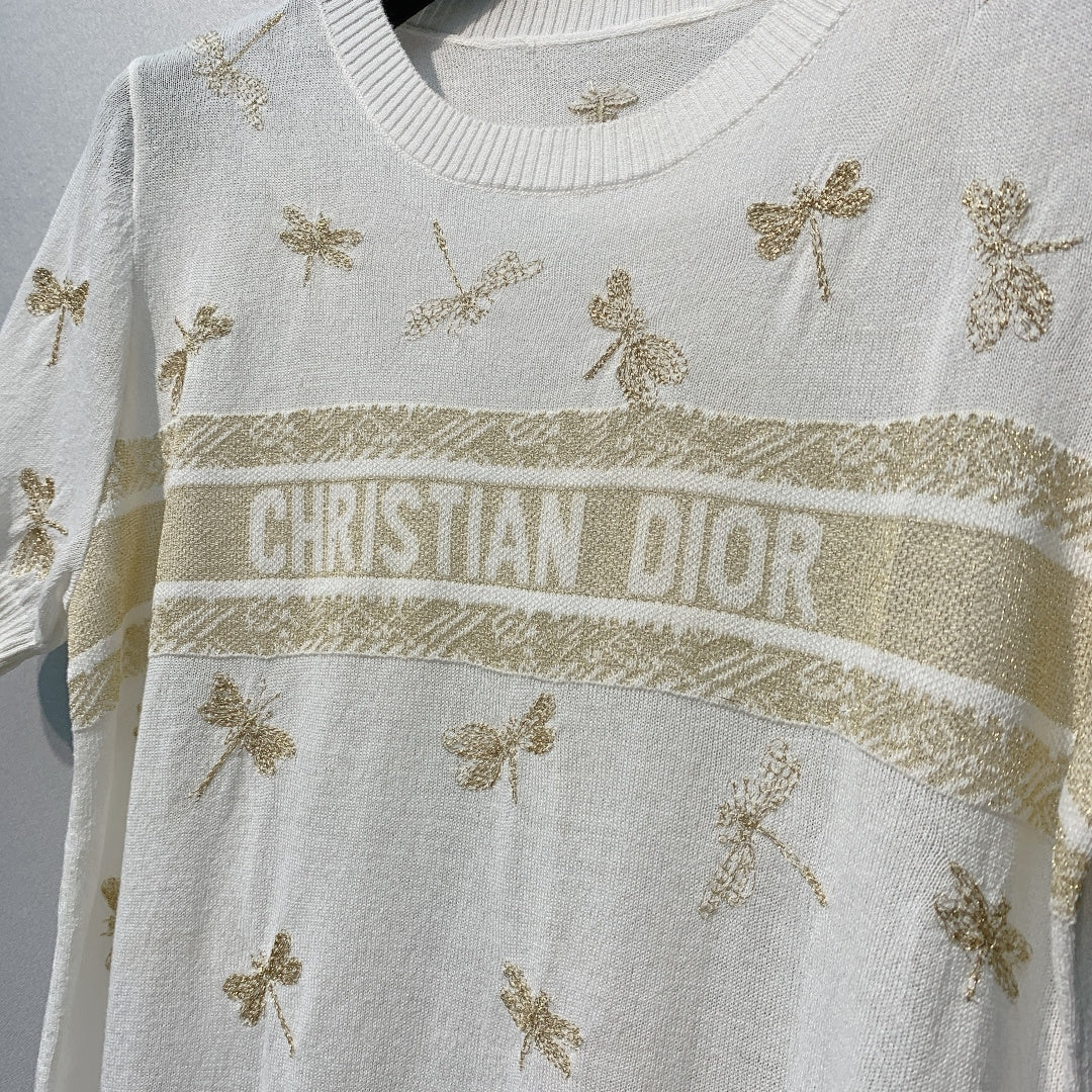 迪D家-圓領輕薄蜻蜓刺繡短袖 白金