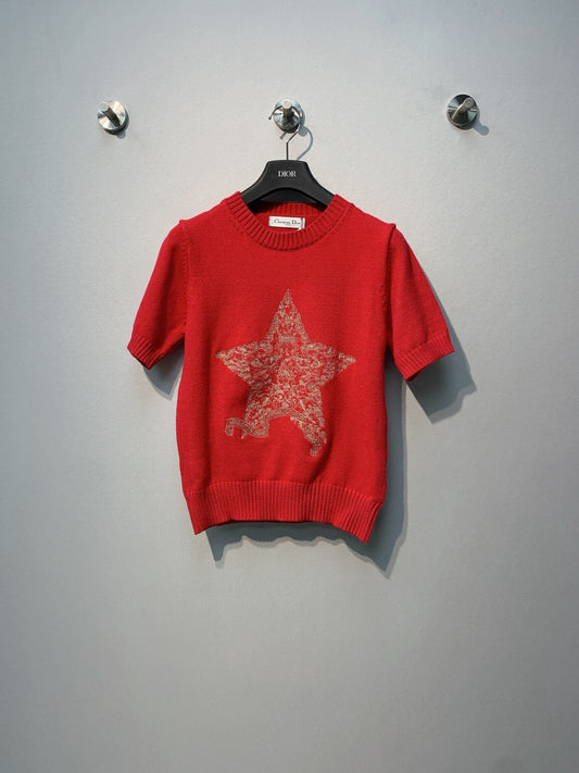 迪D家-圓領刺繡幸運星短袖上衣 紅色