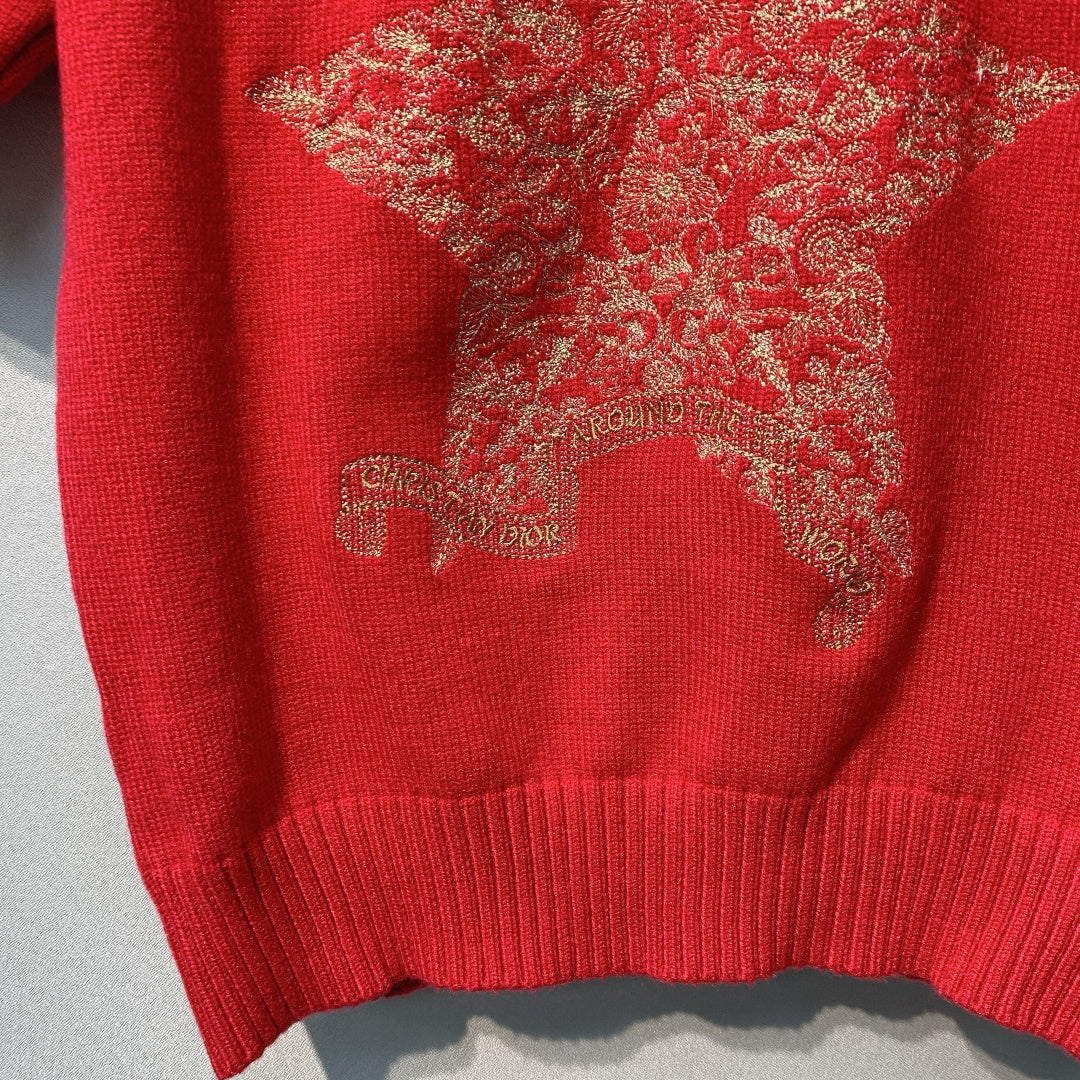 迪D家-圓領刺繡幸運星短袖上衣 紅色