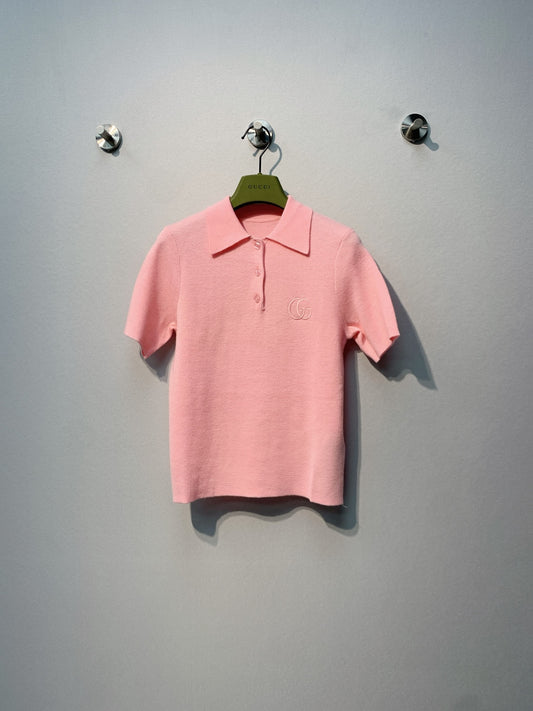 古G家-翻領胸前雙G刺繡針織Polo衫 粉色