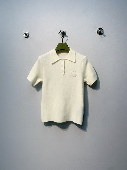 古G家-翻領胸前雙G刺繡針織Polo衫 白色