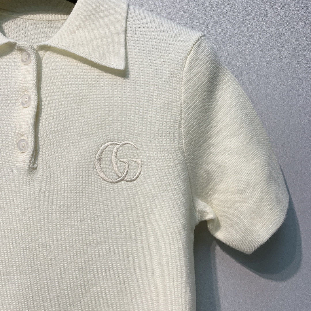 古G家-翻領胸前雙G刺繡針織Polo衫 白色