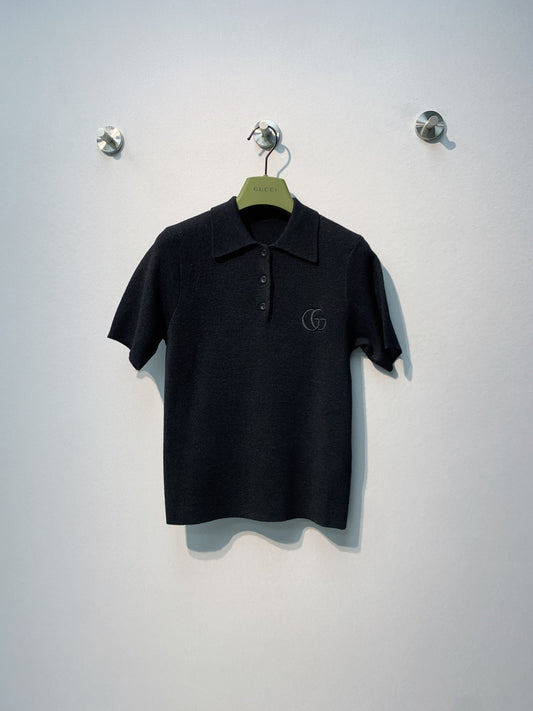 古G家-翻領胸前雙G刺繡針織Polo衫 黑色
