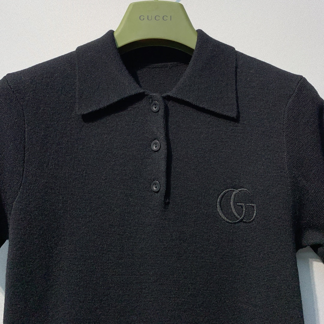 古G家-翻領胸前雙G刺繡針織Polo衫 黑色