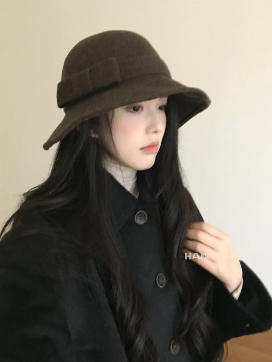 小香家-羊毛盆帽 法式浪漫赫本風-棕色